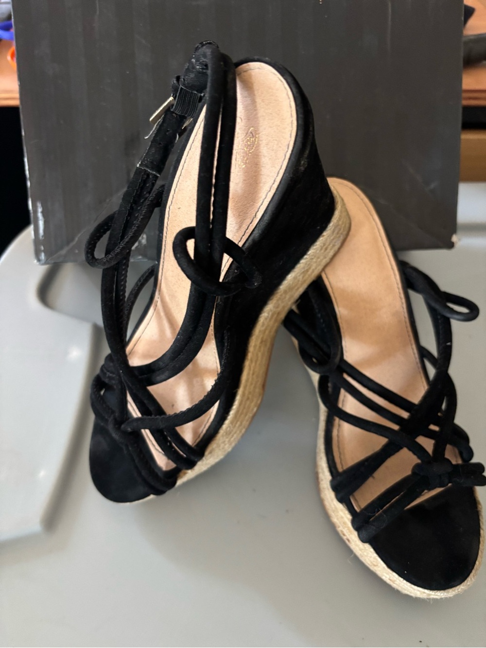 Victoria's Secret Black Strappy Espadrille Wedge Sandals
